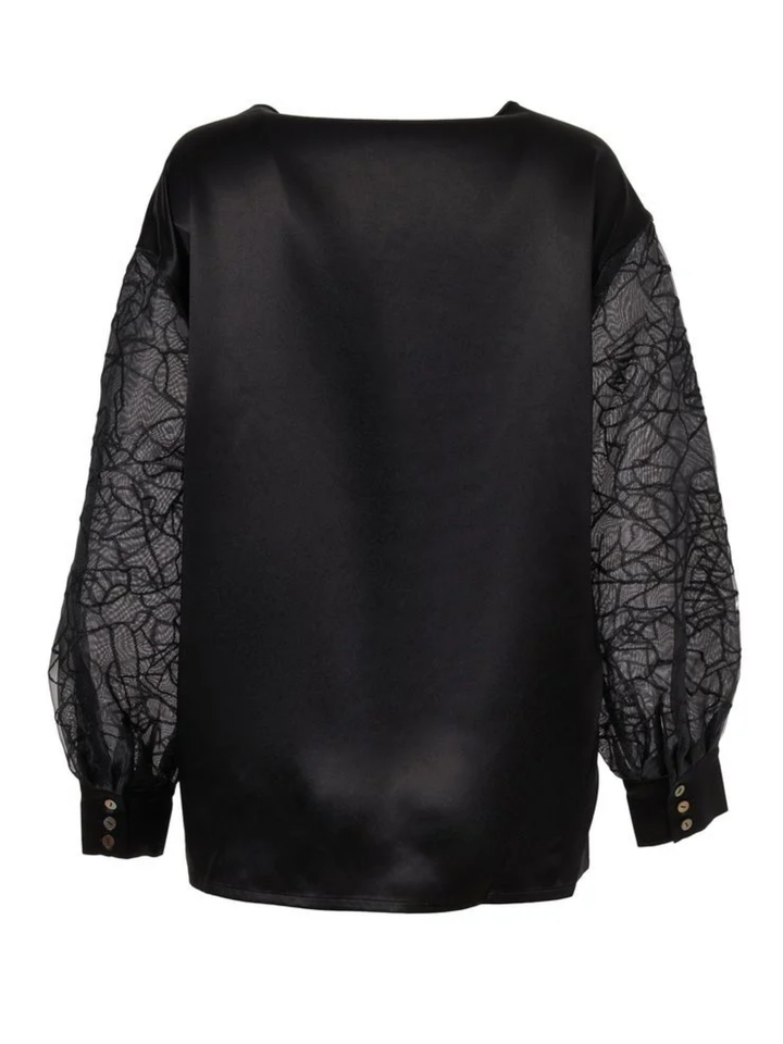 Oversized Silk Organza Embroidered Blouse in Black