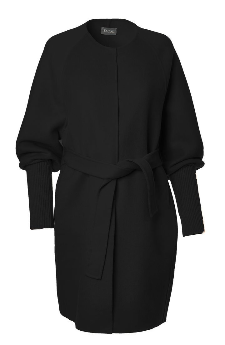 Wool Ribbed Cuff Sleeve Coat In Black