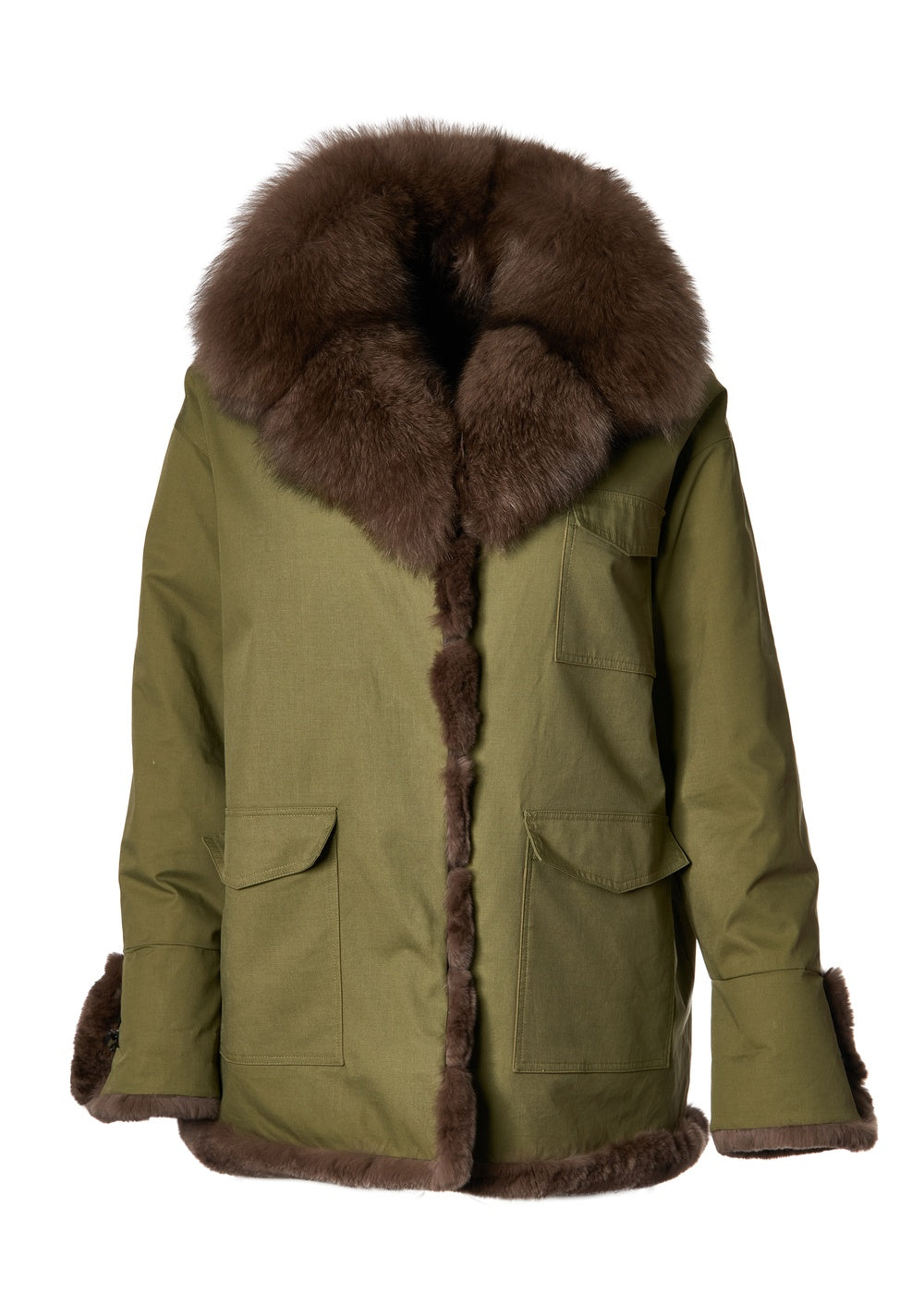 Reversible Water Proof Cotton to Fox Coat in Army Army Xs