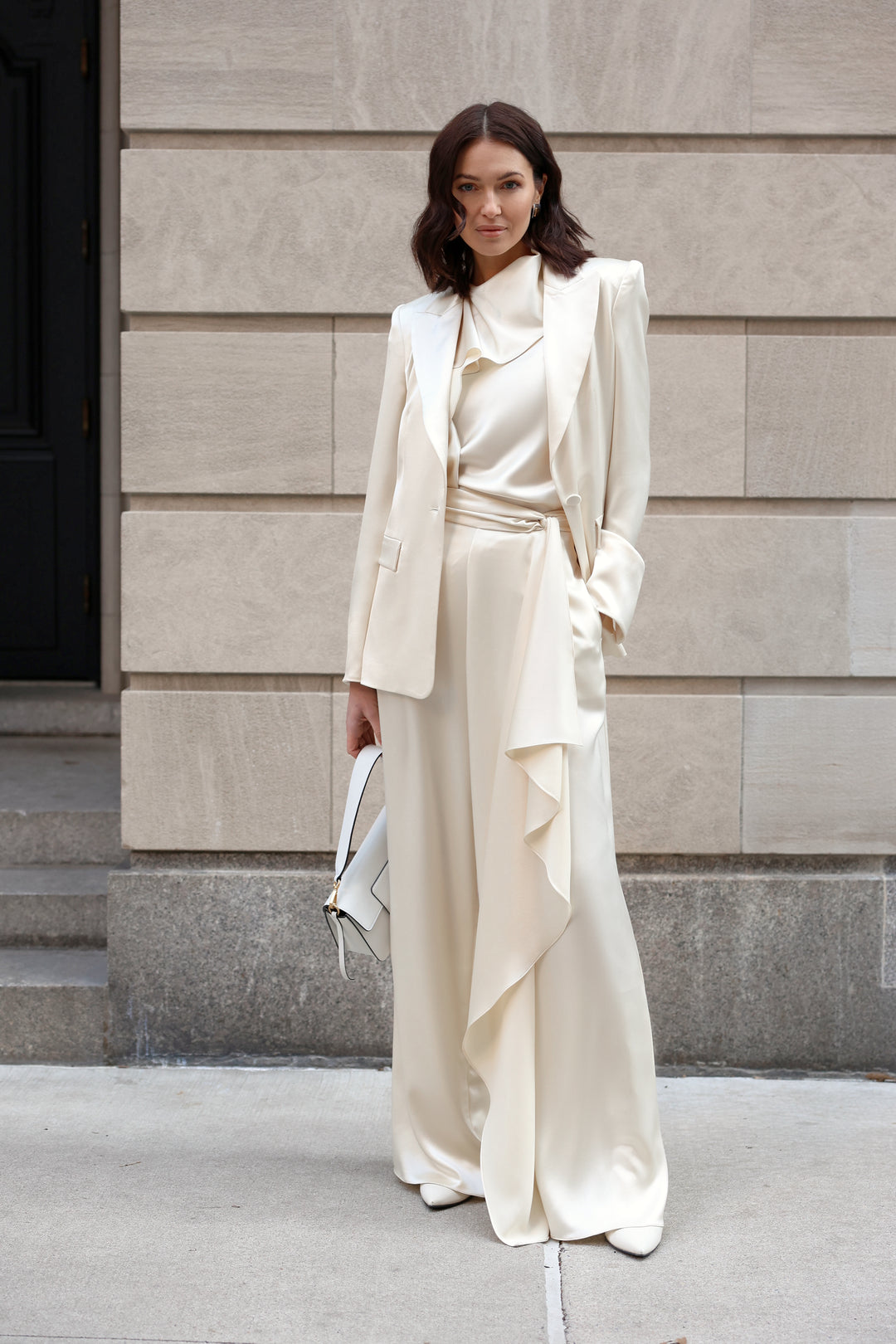 Wide-Leg Draped Pants with Knot Detail in Champagne