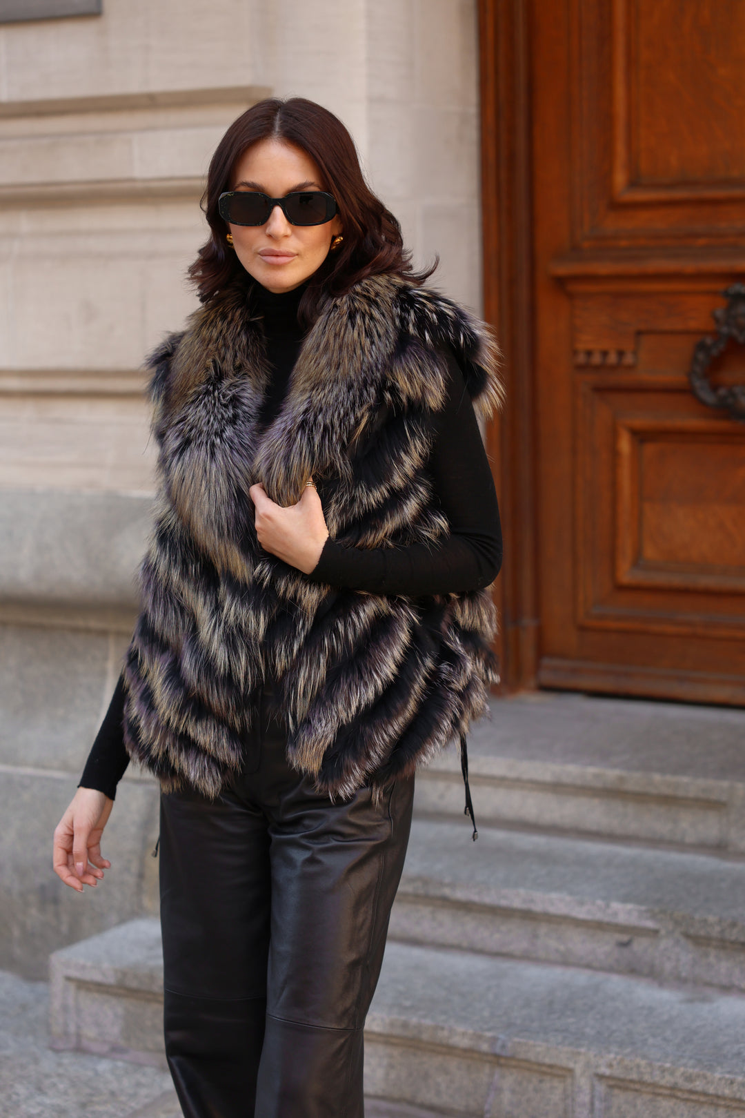 Reversible Silk to Fox Vest in Black Gold Bleach