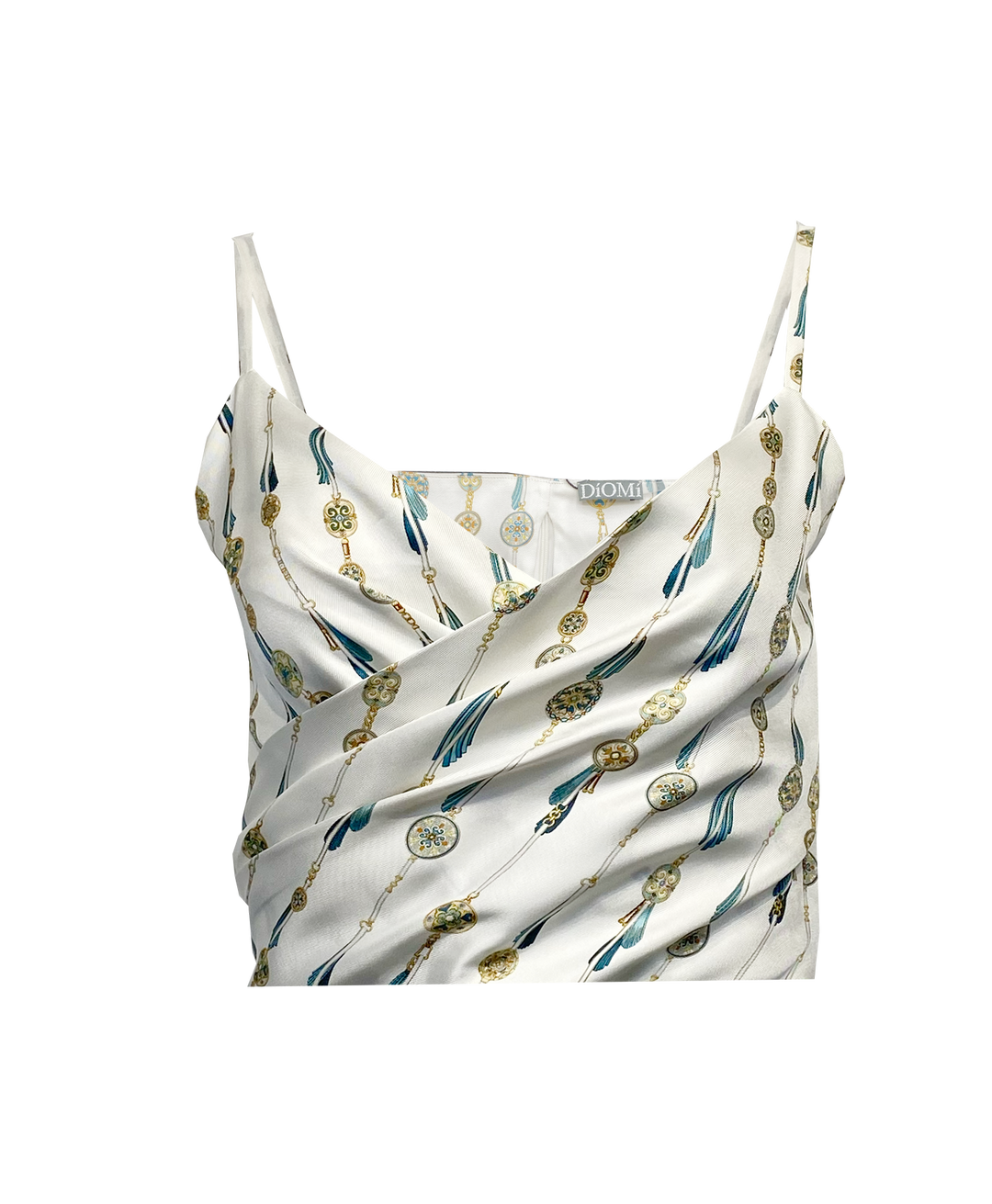 DREY CROP TOP – Silk Twill Draped Cropped Camisole in White Fringe
