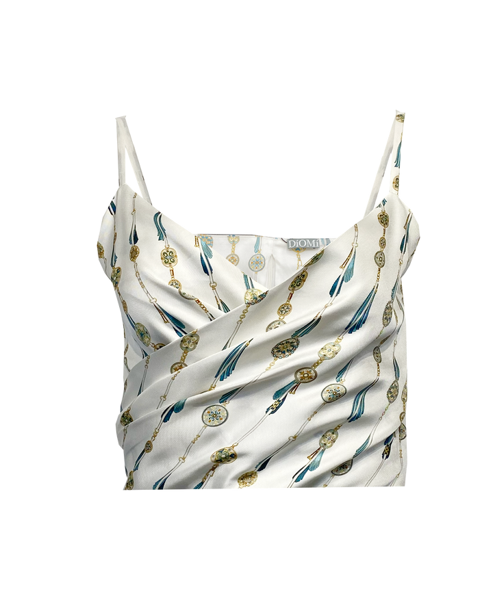 DREY CROP TOP – Silk Twill Draped Cropped Camisole in White Fringe