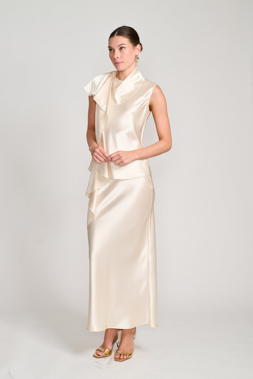 Draped Cascade Silk Blouse in Champagne