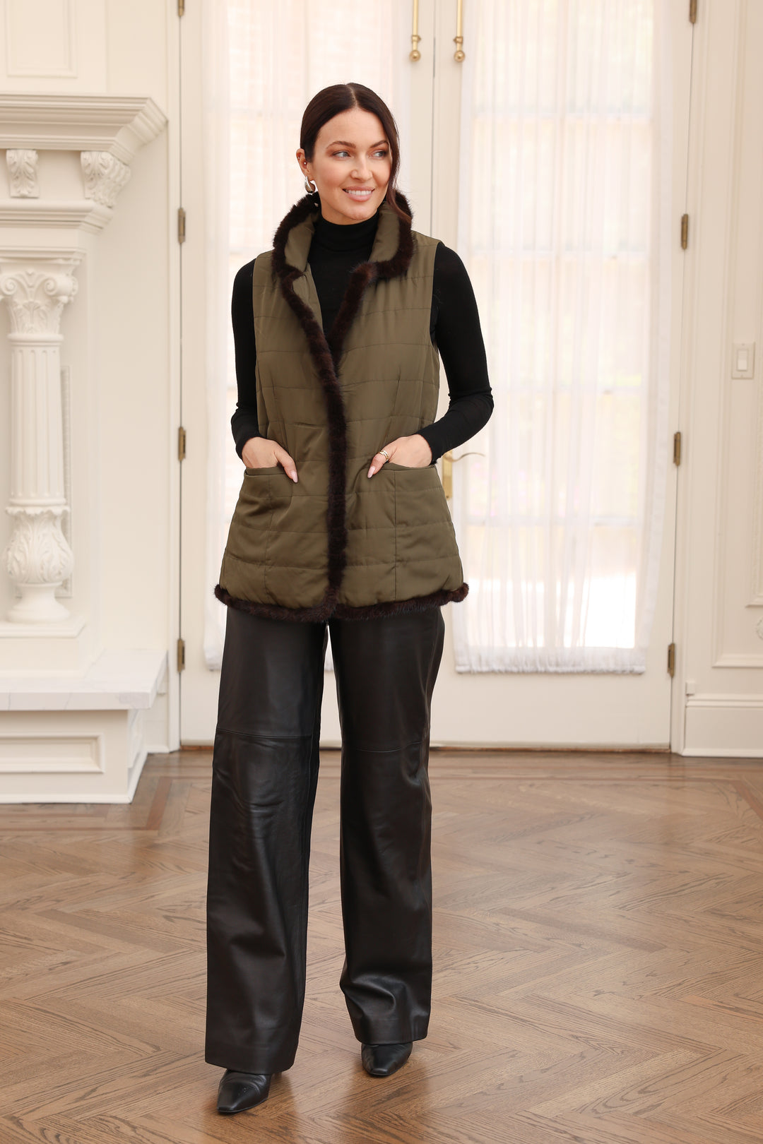 Quilted Vest with Mink in Olive/Brown