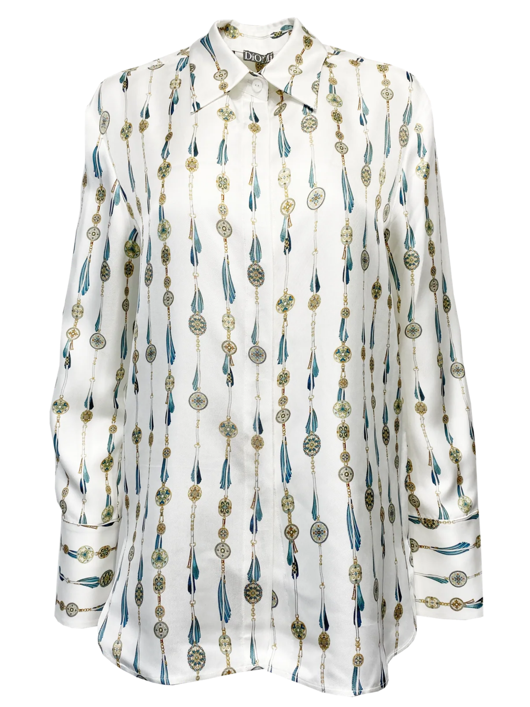 Silk Button Down Shirt in White Fringe