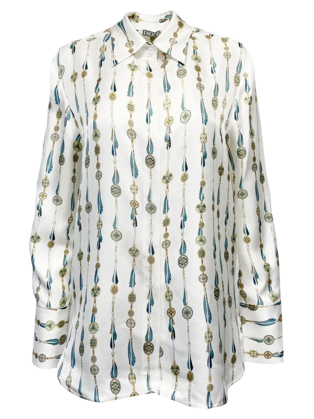 Silk Button Down Shirt in White Fringe