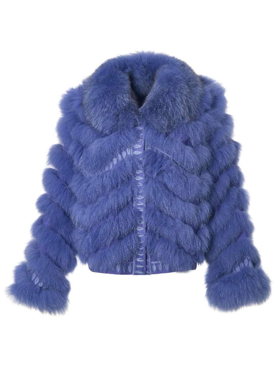 Embroidered Reversible Silk to Fox Jacket in Violet Storm