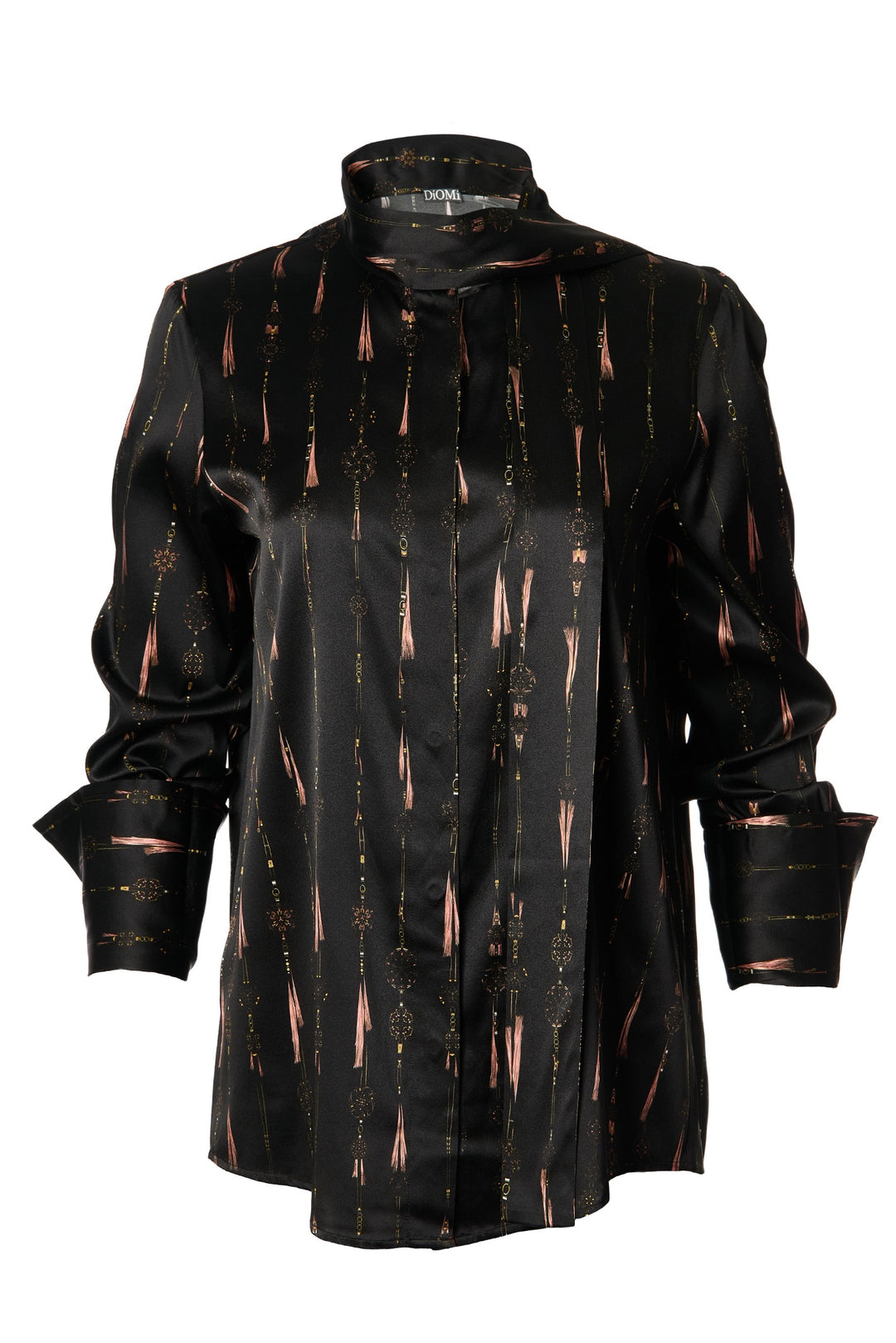 Printed Silk Neck Tie Blouse in Black Tassel Print