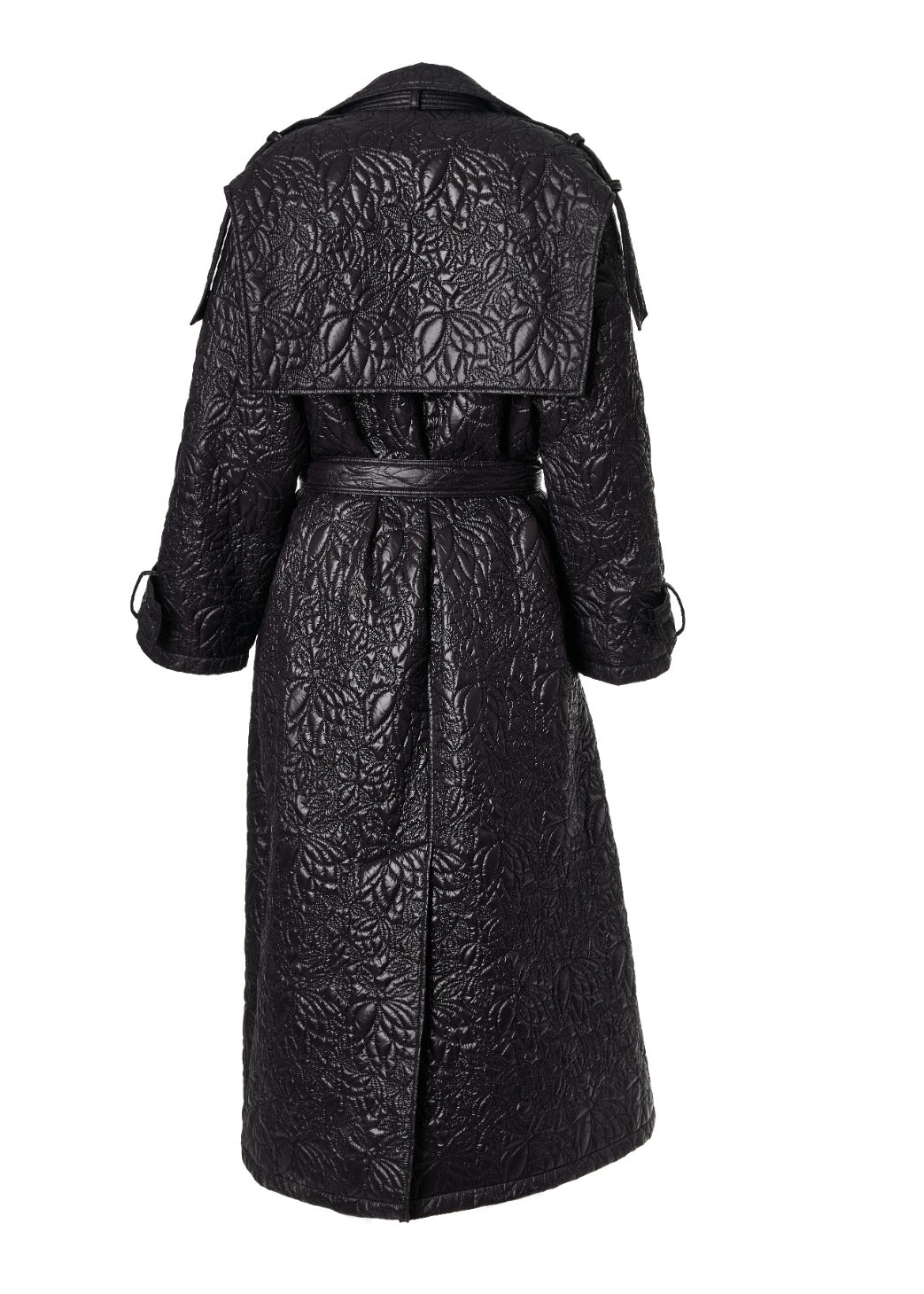 EMBROIDERED NYLON OVERSIZED TRENCH COAT IN BLACK