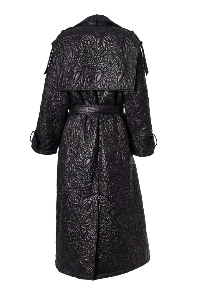 EMBROIDERED NYLON OVERSIZED TRENCH COAT IN BLACK