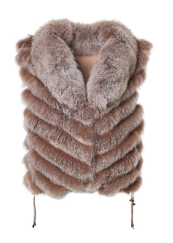 Silk Reversible Genuine Fur Short Vest in Caffe Latte
