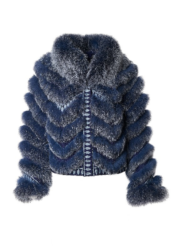 Embroidered Reversible Silk to Fox Jacket in Marine