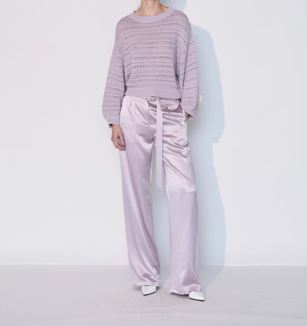 Crew Neck Open Knit Crochet Sweater In Lilac