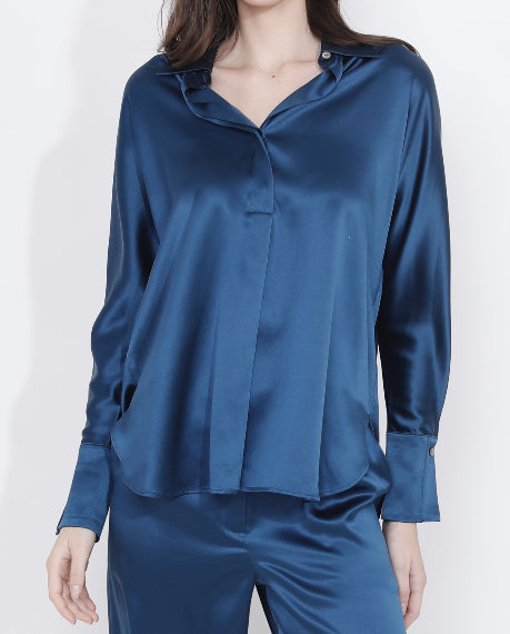 Silk Half Button Down Shirt In Blue Opal