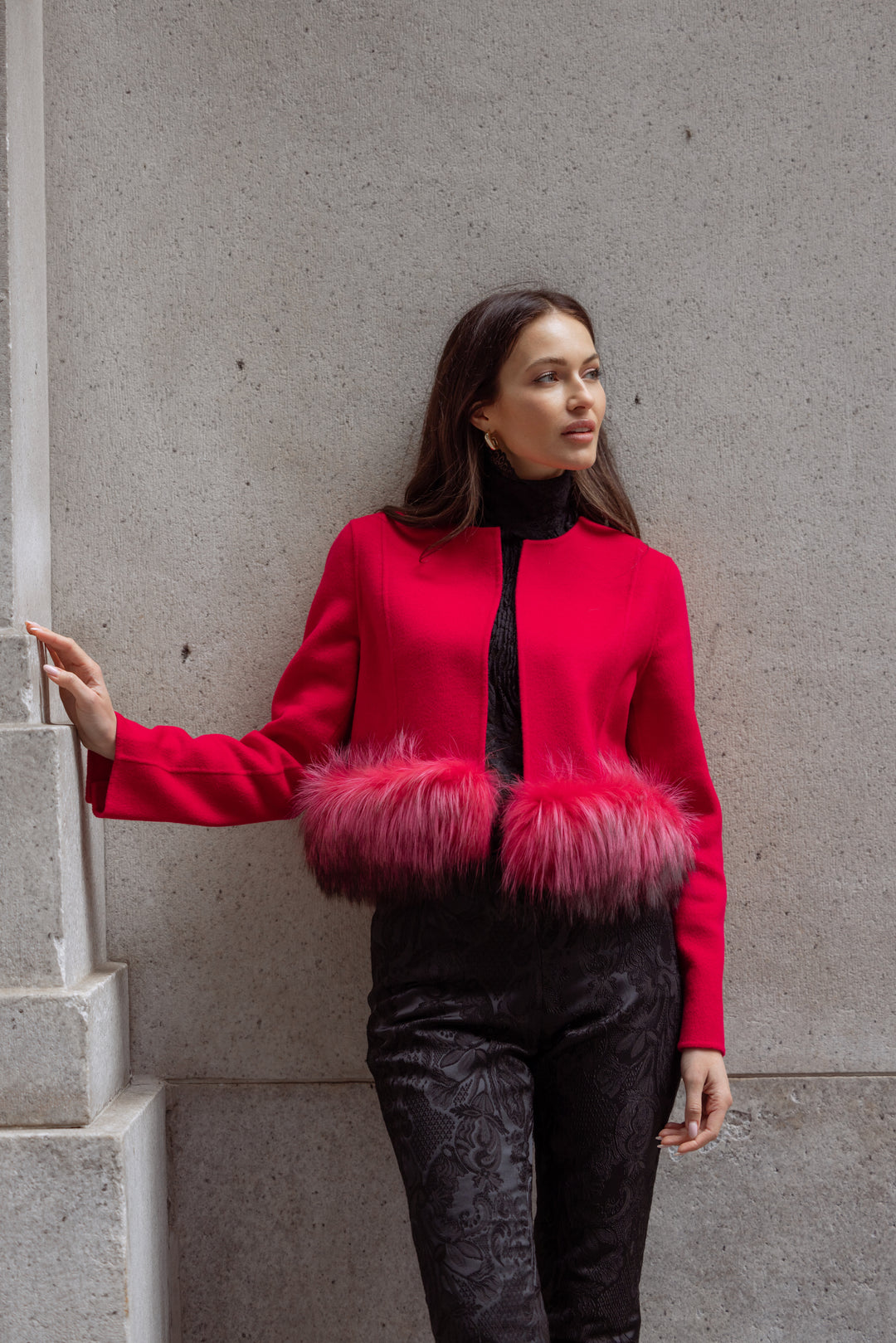 CROPPED WOOL JACKET WITH FUR IN BARBERRY
