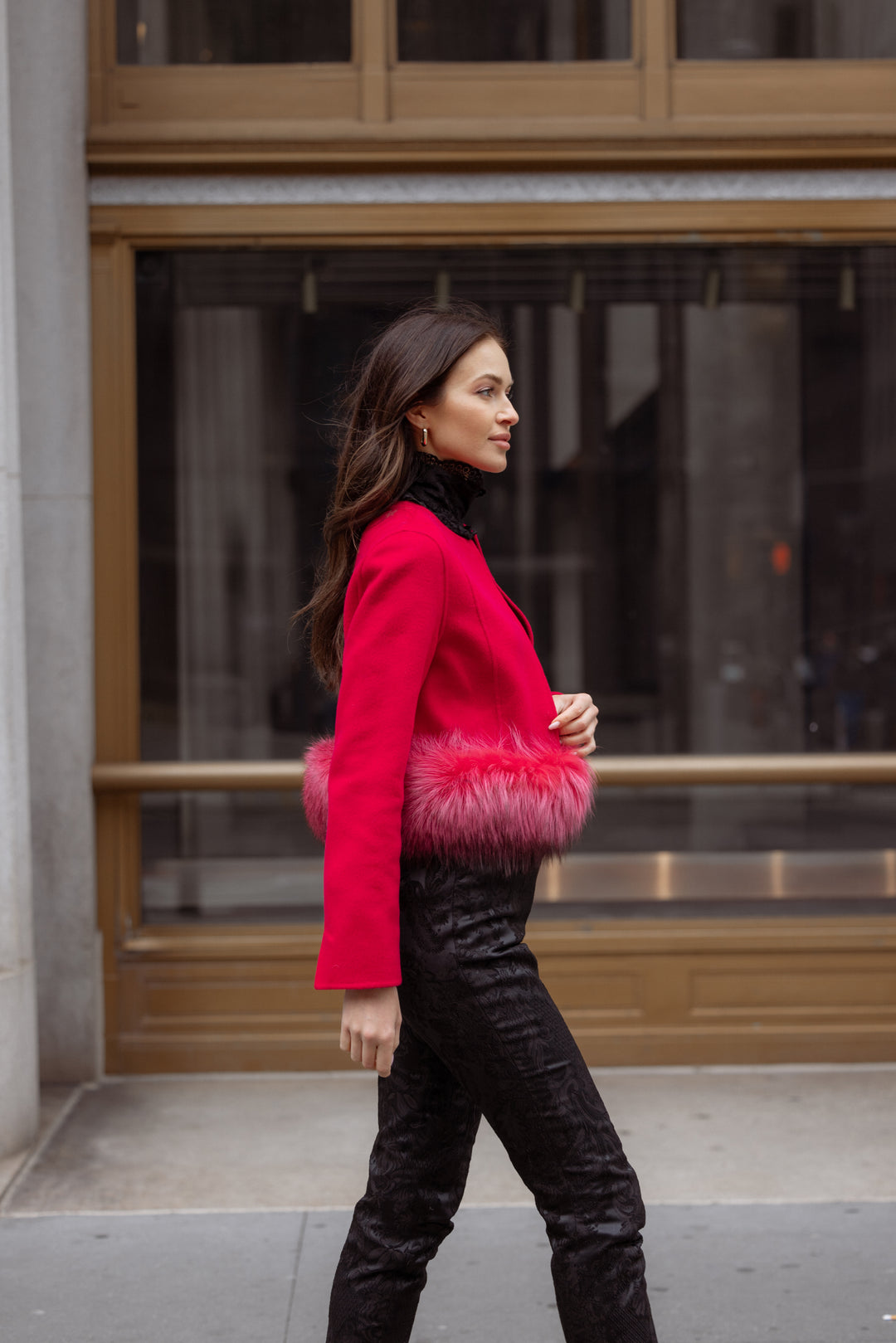 CROPPED WOOL JACKET WITH FUR IN BARBERRY