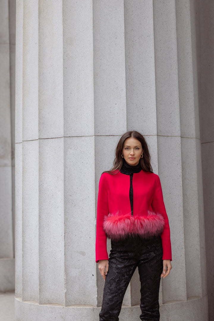 CROPPED WOOL JACKET WITH FUR IN BARBERRY