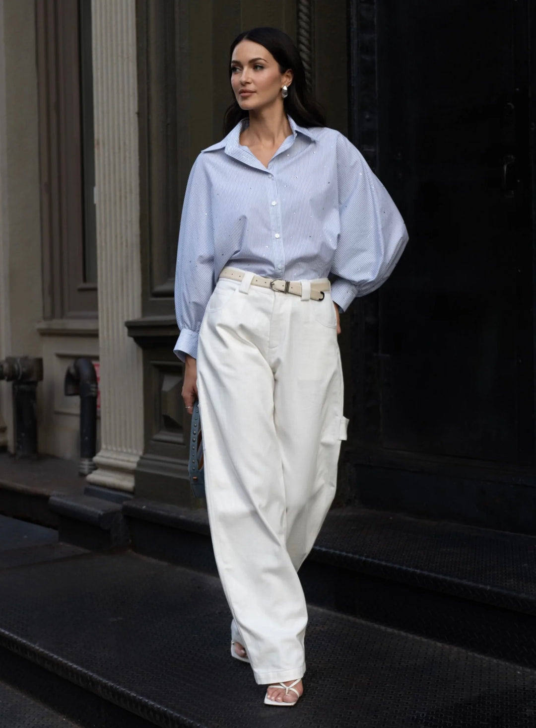 Lia Mid-Rise Wide-Leg Barrel Jeans -  White Denim