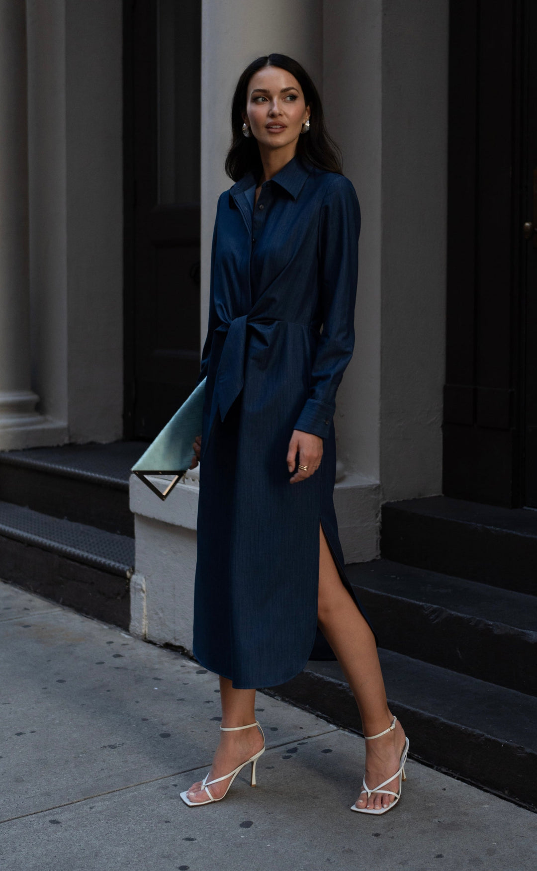 Long Sleeve Tie Front Shirt Dress Indigo Denim