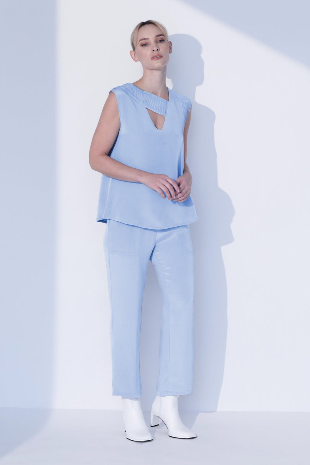 Pleated V Neck Tank Top in Baby Blue