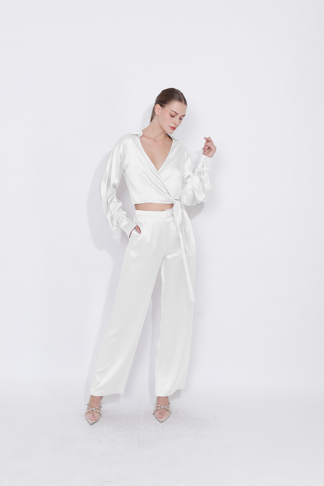 Cropped Silk Wrap Blouse in White