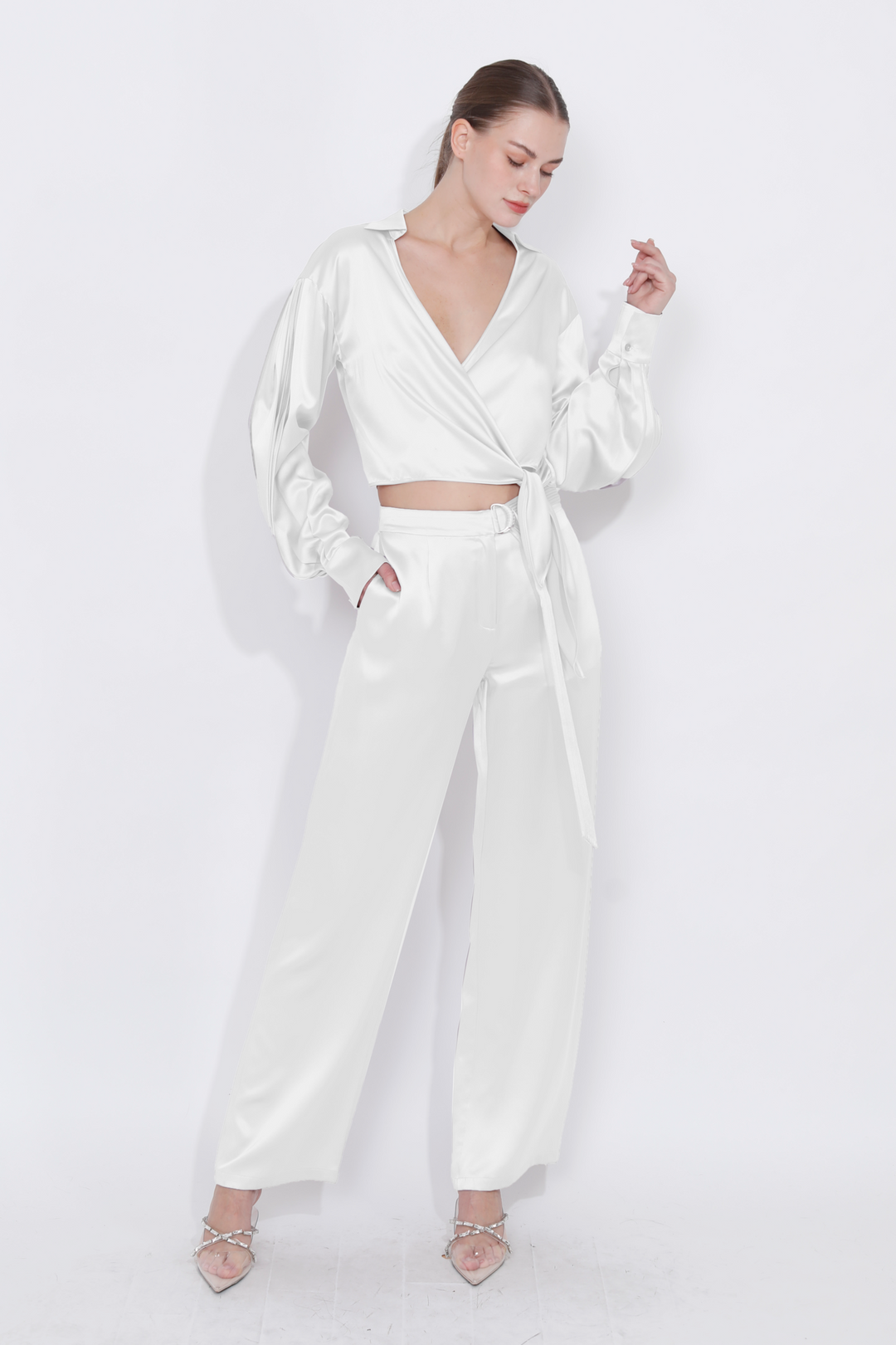 Cropped Silk Wrap Blouse in White