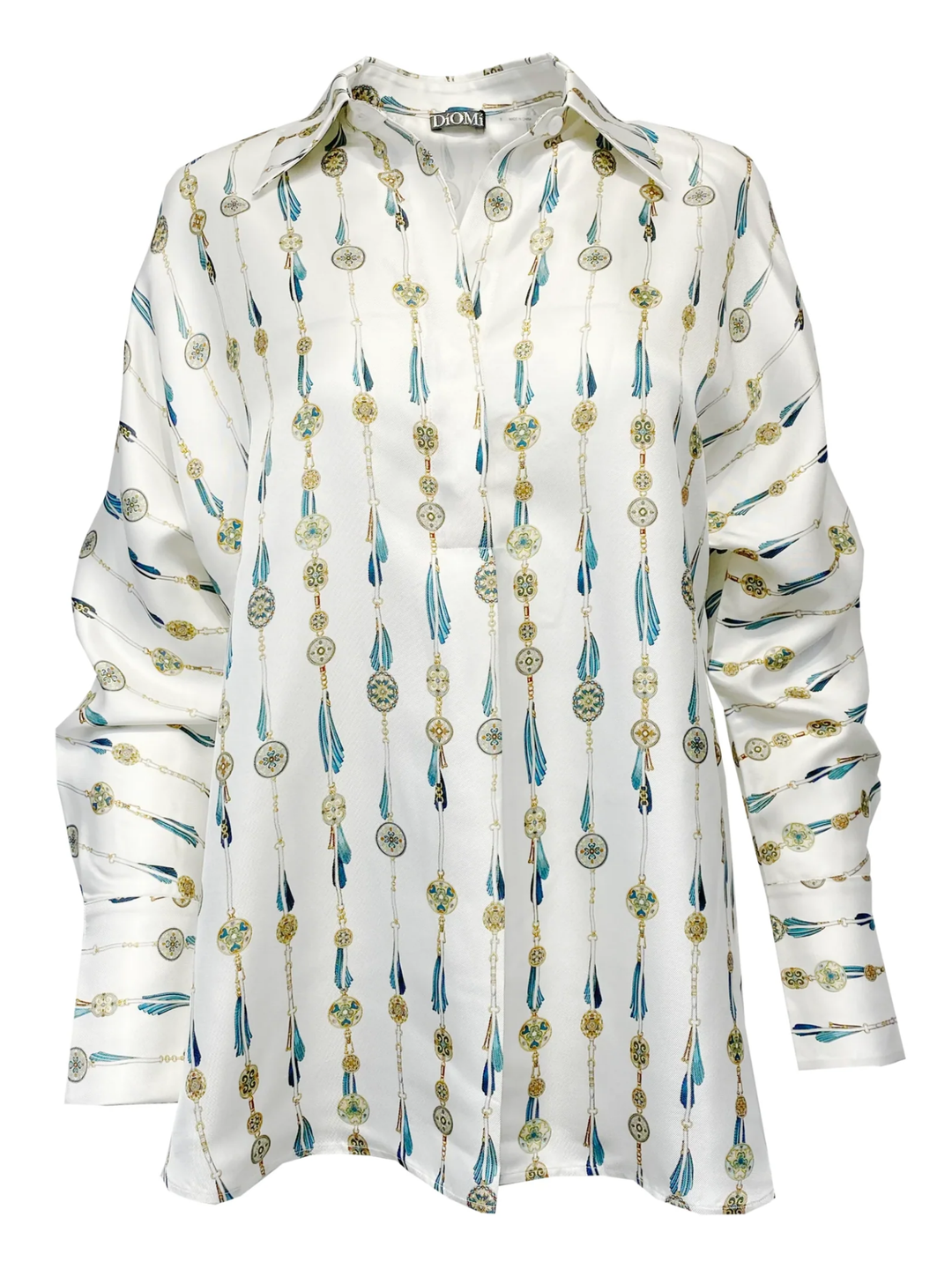 Silk Half Button Down Shirt in White Fringe Print