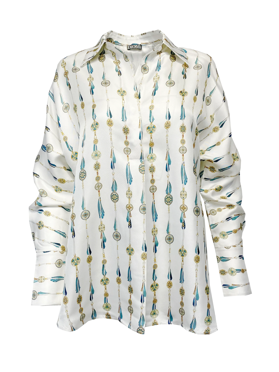 Silk Half Button Down Shirt in White Fringe Print