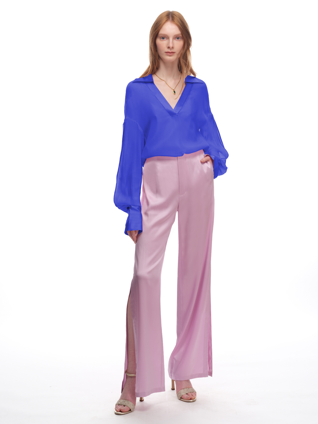 Silk Crepon Pleated Blouse in Azure - Luxury Elegance