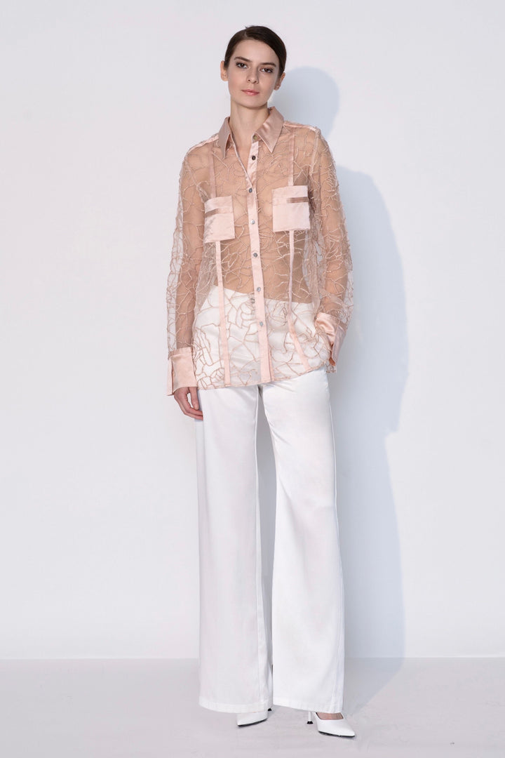 Embroidered Crispy Silk Organza Shirt in Rosy Pink