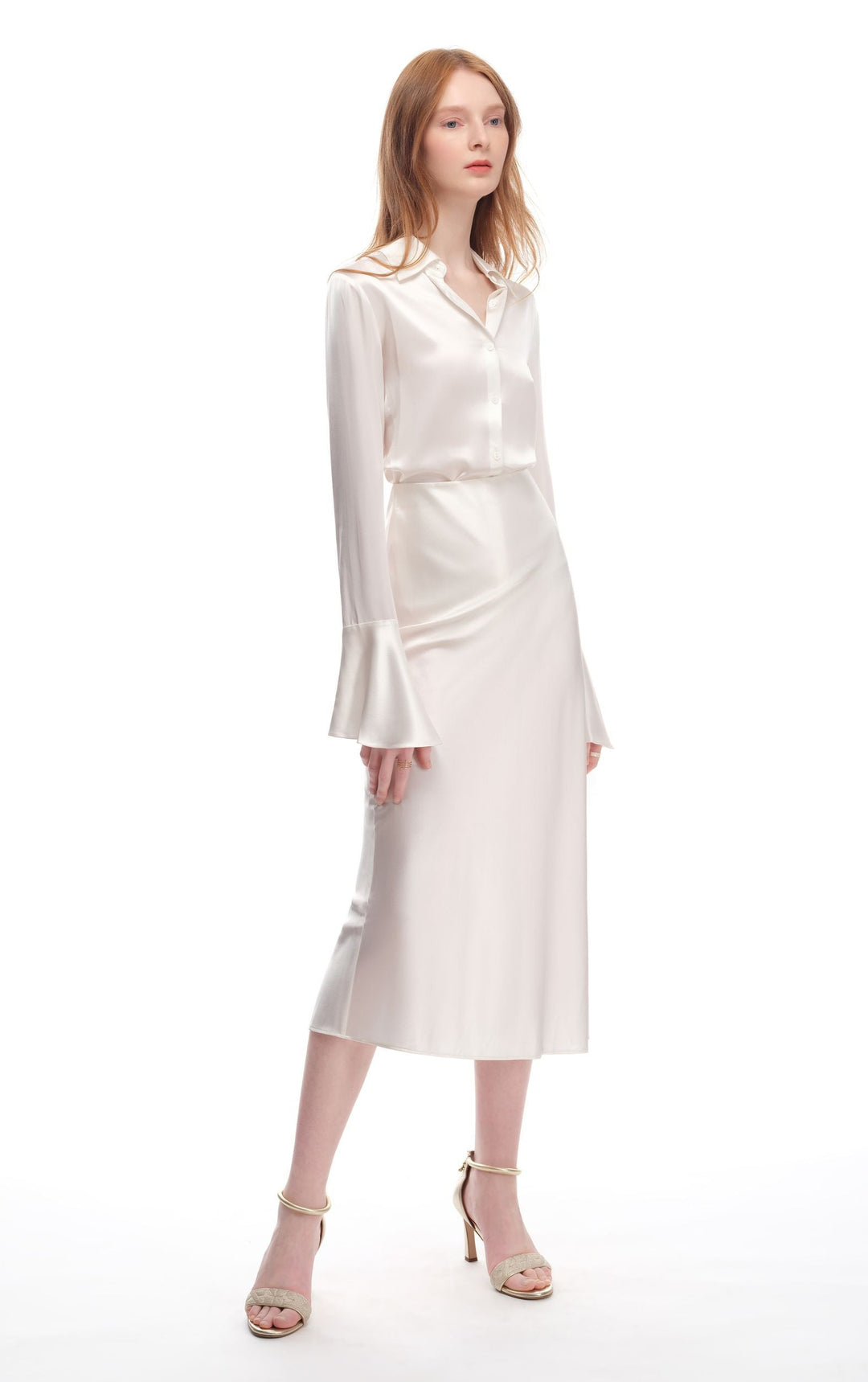 Silk Fitted Flare Bell Cuff Blouse in White