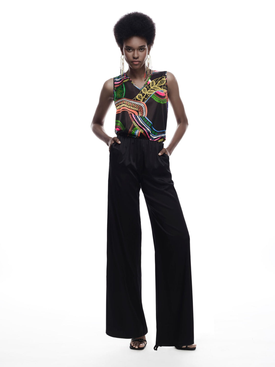 Silk Satin Reversible Top in Black Chain Print