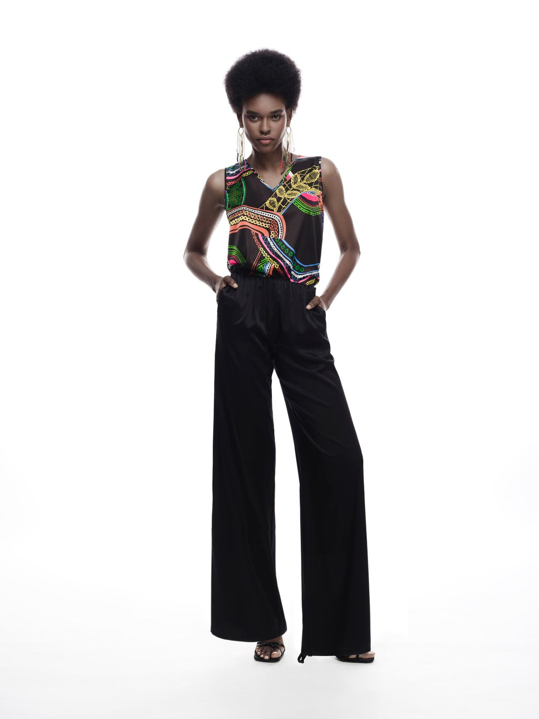 Silk Satin Reversible Top in Black Chain Print