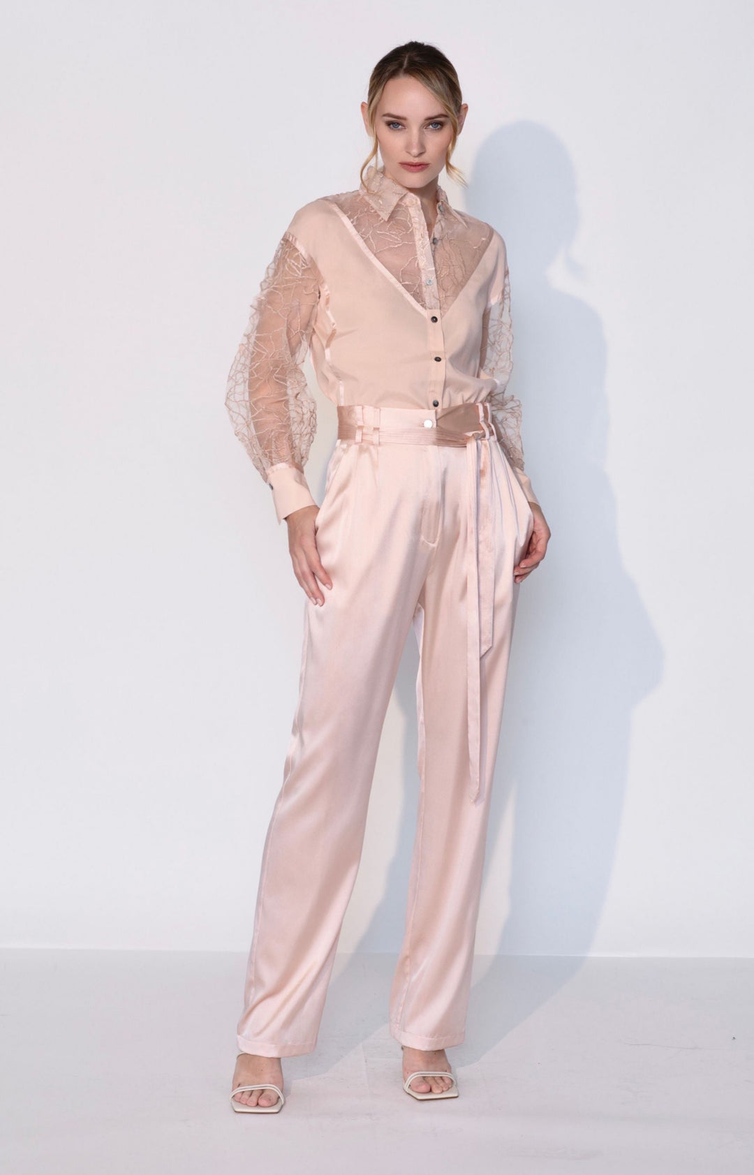 Embroidered Silk Cut Out Shirt in Rosy Pink
