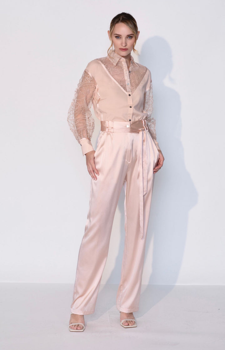 Embroidered Silk Cut Out Shirt in Rosy Pink