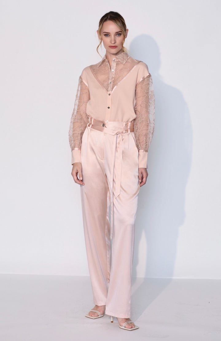 Embroidered Silk Cut Out Shirt in Rosy Pink