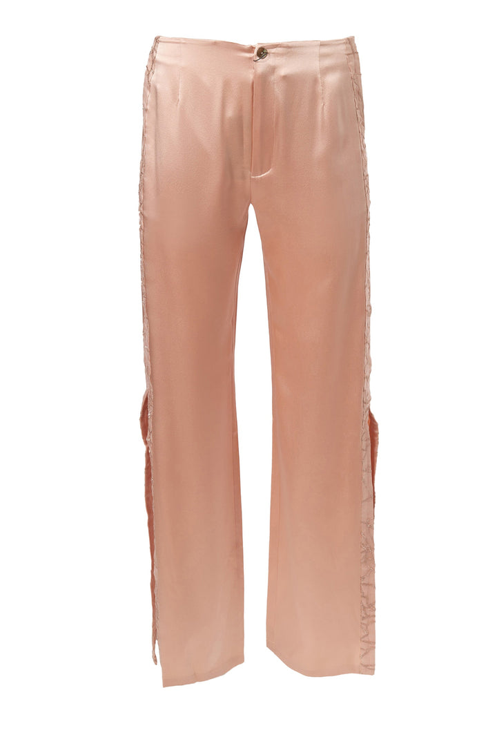 Silk Slit Trim Pants in Rosy Pink