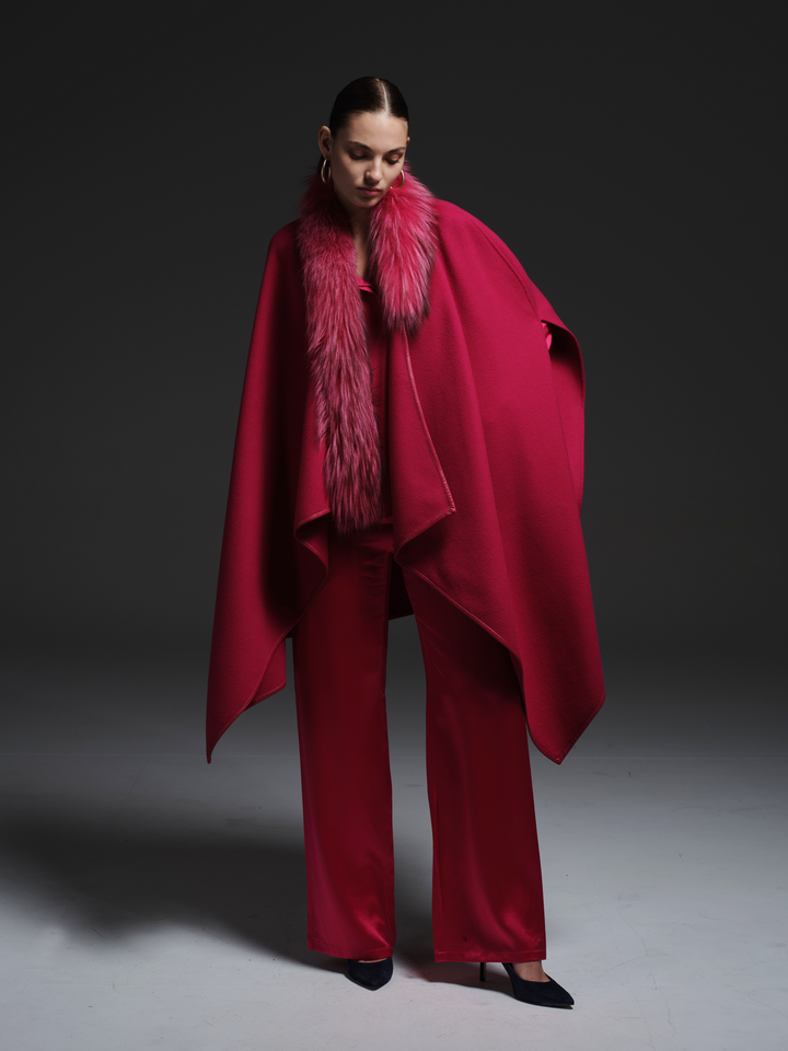 Asymmetric Wool Cape with Fur Collar Fushia