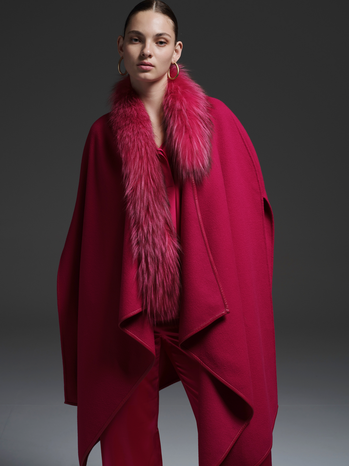 Asymmetric Wool Cape with Fur Collar Fushia