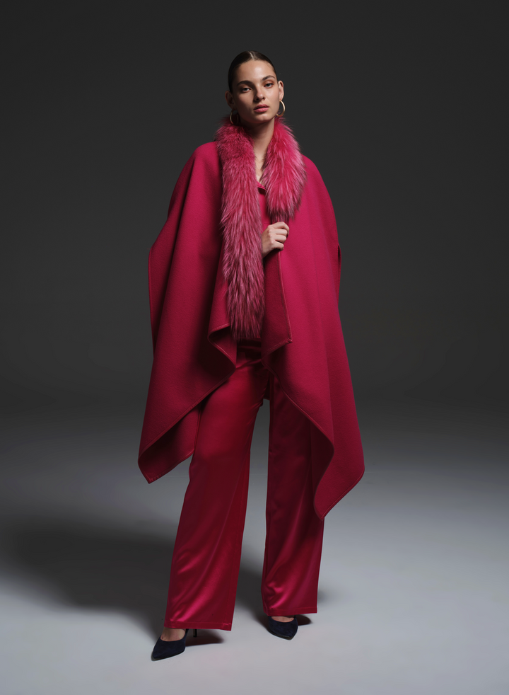 Asymmetric Wool Cape with Fur Collar Fushia