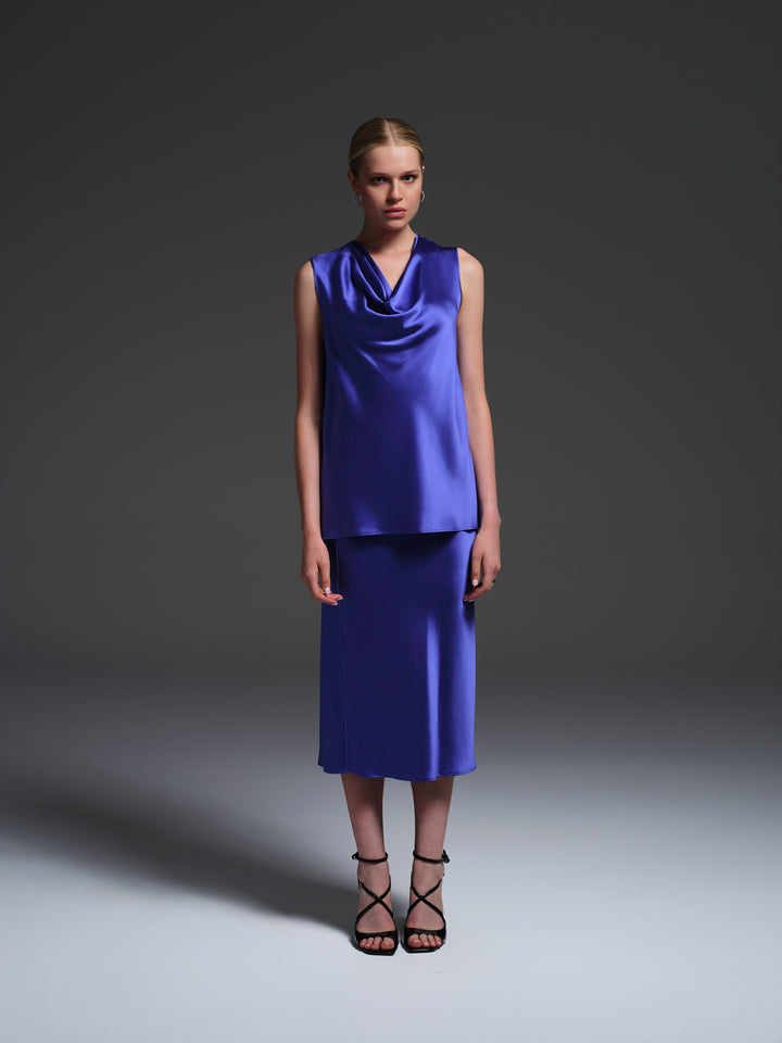 Silk Sateen Cowl Neck Blouse in Azure