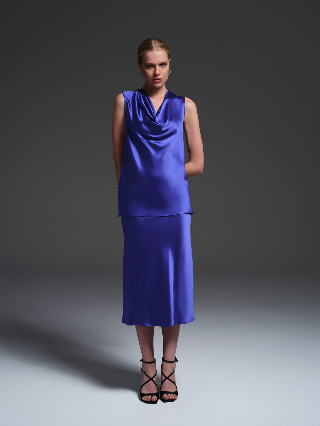 Silk Sateen Cowl Neck Blouse in Azure