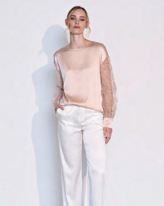 Oversized Silk Organza Embroidered Blouse in Rosy Pink