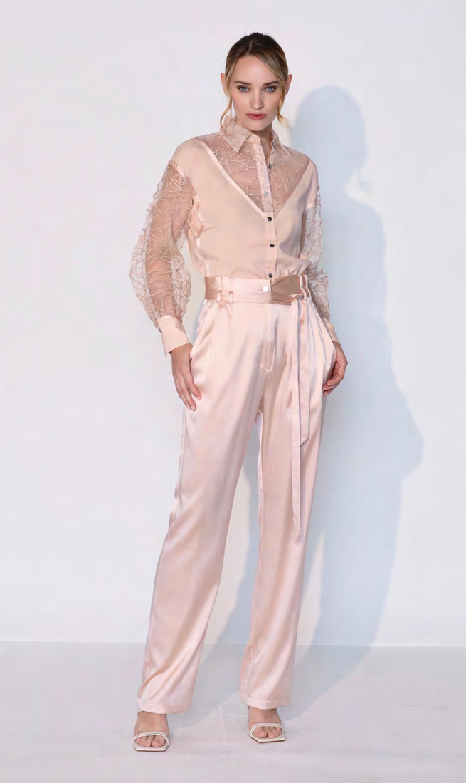 Embroidered Silk Cut Out Shirt in Rosy Pink
