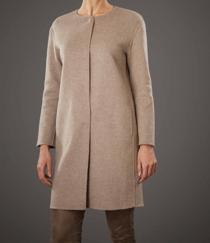 Collarless Double Face Wool Coat Tortora