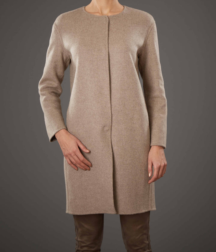 Collarless Double Face Wool Coat Tortora