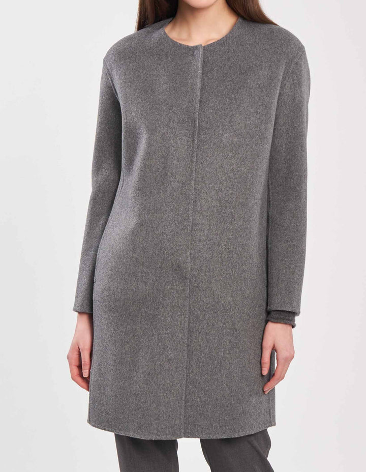 Collarless Double Face Wool Coat Grey