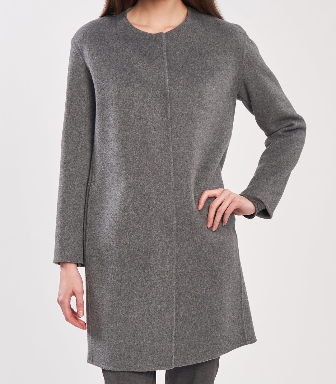 Collarless Double Face Wool Coat Grey