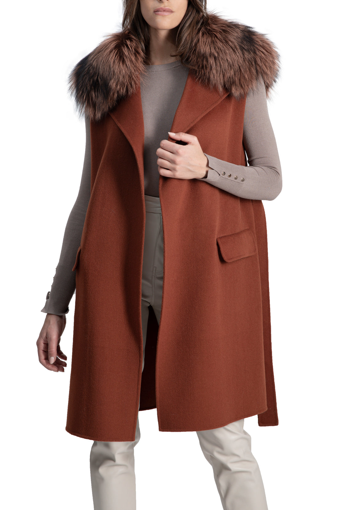 Mid Length Vest W/ Detachable Fox Collar Rust